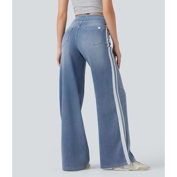 Halara Stretchy High Waisted Wide Leg Stripe Jeans Lightweight Powder Blue S NWT - Picture 2 of 15